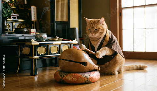 cat is tapping a wooden fish in front of an ancestral hall.