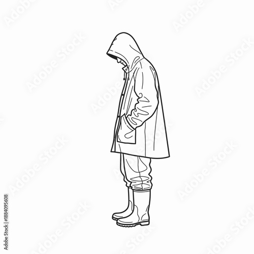 Man in Raincoat and Boots Standing Side Profile.
