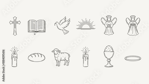 Collection of religious and Easter symbols in a clean line art style