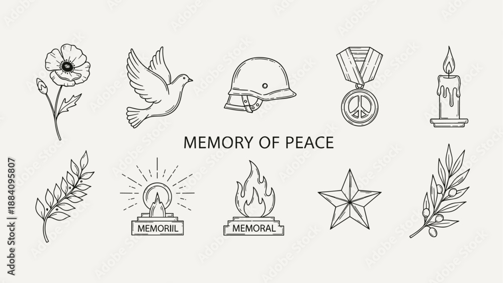 Fototapeta premium Collection of symbols representing peace, remembrance, and memorialization in a minimalist line art style