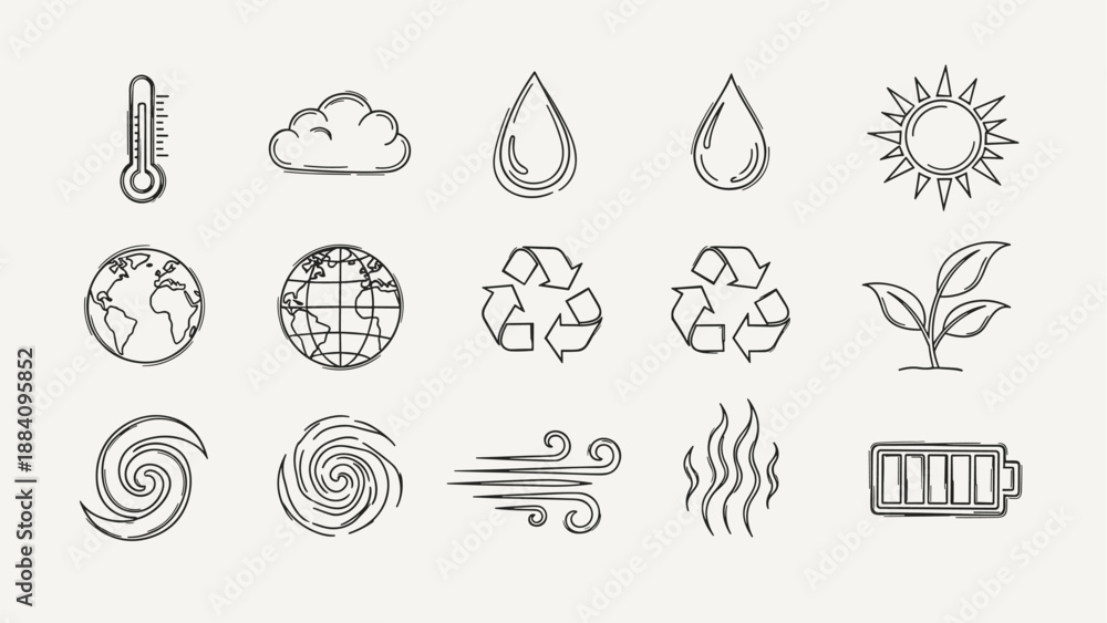 Fototapeta premium Collection of hand-drawn icons representing natural elements and environmental concepts