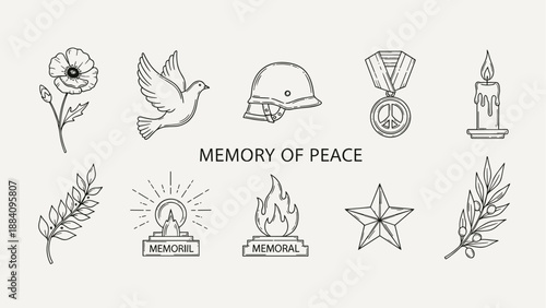 Collection of symbols representing peace, remembrance, and memorialization in a minimalist line art style