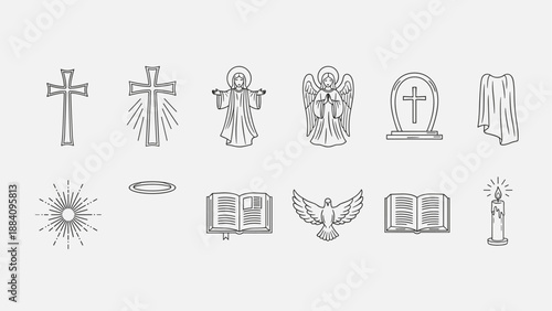 Collection of Christian religious symbols and icons in a clean line art style