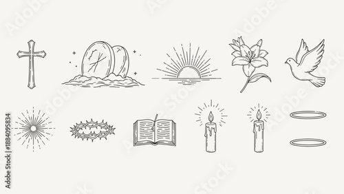 Collection of religious symbols and icons in a minimalist line art style