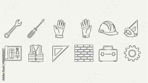 Collection of construction and DIY tools and safety equipment icons in a simple line art style