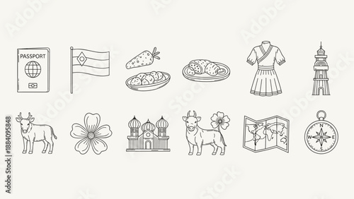 Collection of hand-drawn icons representing travel, culture, and nature elements