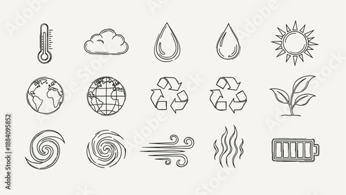 Collection of hand-drawn icons representing natural elements and environmental concepts