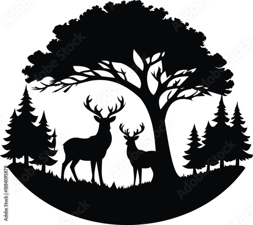 This striking silhouette features a serene scene of two deer standing gracefully amidst a lush forest. The design showcases a large tree with bold branches and various pine trees in the background, cr