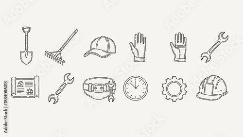 Collection of industrial and labor icons including tools, safety gear, and a blueprint