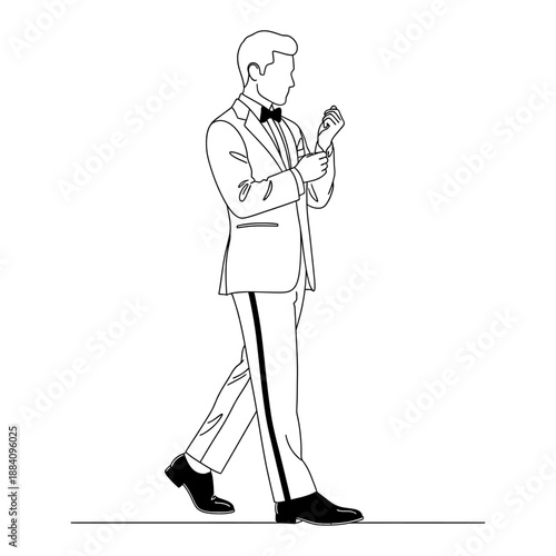 Man in Tuxedo Adjusting Cufflinks While Walking.