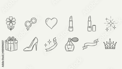 Collection of feminine icons including a flower, lipstick, high heel, and crown
