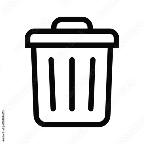 Black and white trash can icon with lid and vertical slats, ideal for UI design, app interfaces, and digital platforms. Minimal vector style representing delete or discard functionality.