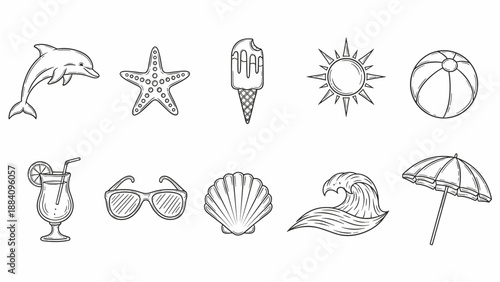 Collection of hand-drawn summer beach icons including a dolphin, starfish, ice cream, and sun