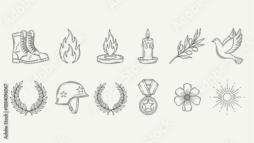 Collection of hand-drawn icons representing remembrance, peace, and honor for veterans