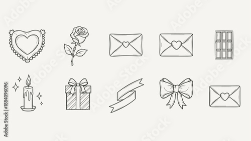 Collection of hand-drawn romantic icons for Valentine's Day and love themes