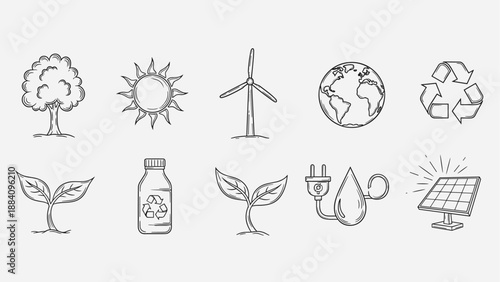Collection of hand-drawn icons representing renewable energy and environmental conservation concepts