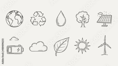 Collection of hand-drawn icons representing environmental sustainability and renewable energy sources