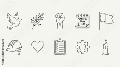Collection of icons representing peace, labor, and protest for May Day celebrations
