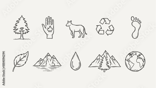 Collection of hand-drawn icons representing nature, environment, and sustainability concepts