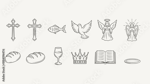 Collection of religious symbols and icons in a simple line art style