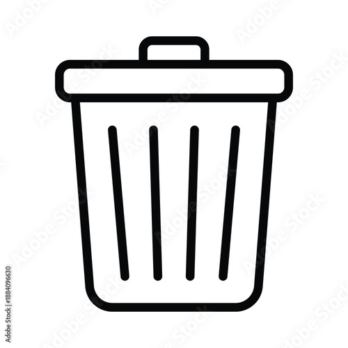 Black and white trash can icon with lid and vertical slats, ideal for UI design, app interfaces, and digital platforms. Minimal vector style representing delete or discard functionality.