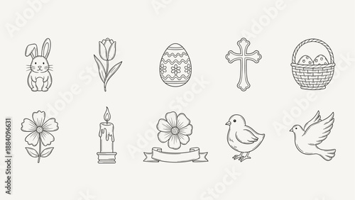Collection of hand-drawn Easter and spring icons including a bunny, flowers, and a basket of eggs