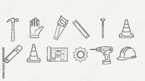 Collection of hand-drawn construction and DIY tools and equipment icons