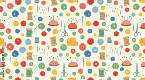 Colorful Seamless Sewing Pattern with Threads and Buttons