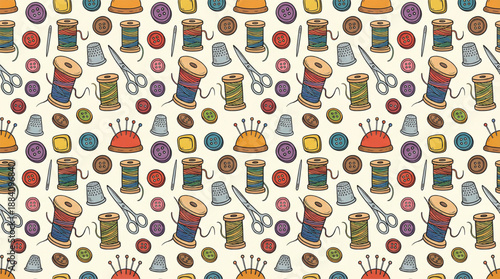 Seamless Pattern of Sewing Accessories and Threads on White Background