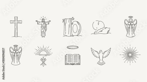 Collection of Christian religious symbols and icons in a minimalist line art style