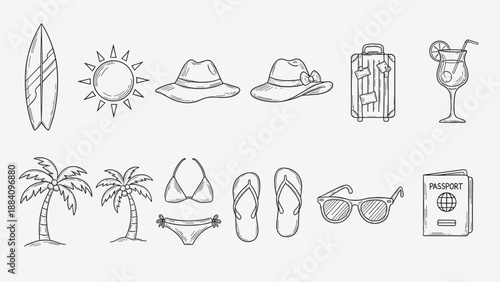 Collection of hand-drawn summer vacation and travel icons with a simple outline style
