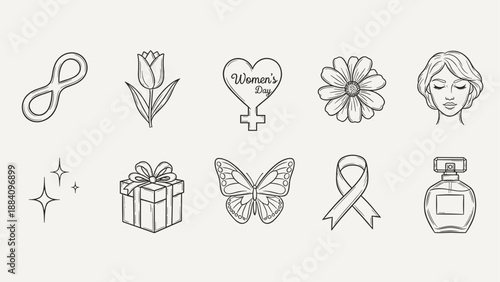Collection of hand-drawn icons representing women's day and feminine symbols