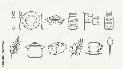 Collection of hand-drawn food and dining icons, perfect for culinary themes