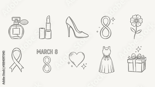 International Women's Day icons collection with perfume, lipstick, high heel, and dress