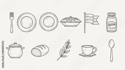 Collection of hand-drawn kitchen and food icons, perfect for culinary themes
