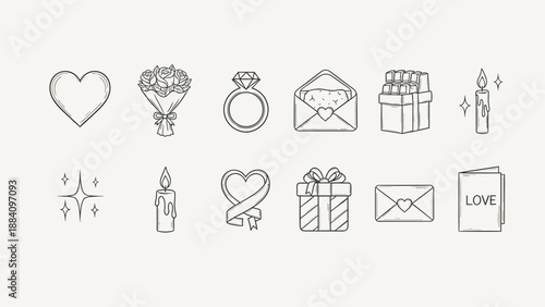 Collection of romantic icons including hearts, roses, gifts, and candles for Valentine's Day