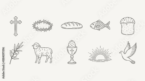 Collection of Christian symbols and Easter icons in a minimalist line art style