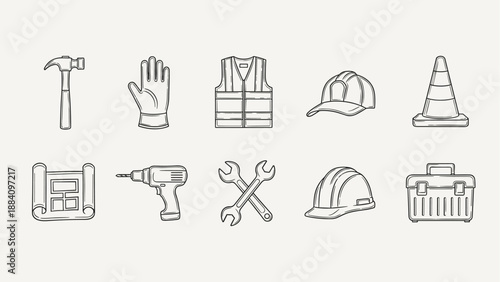 Collection of construction and DIY tools and safety equipment icons in a hand-drawn style