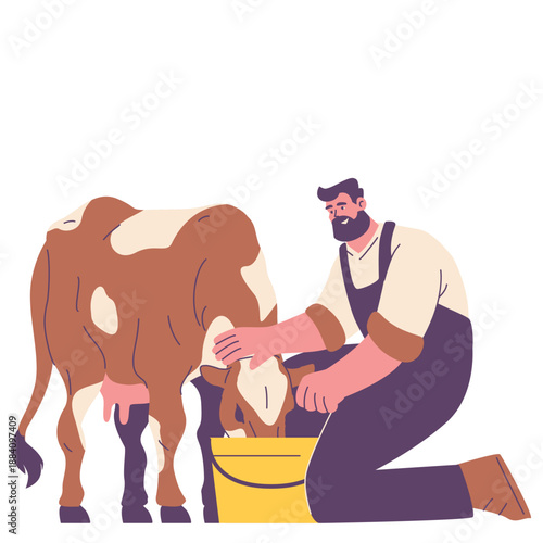 rural farmer milking cow illustration