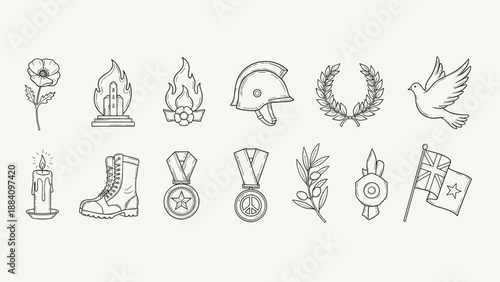 Collection of hand-drawn icons representing remembrance, peace, and military service