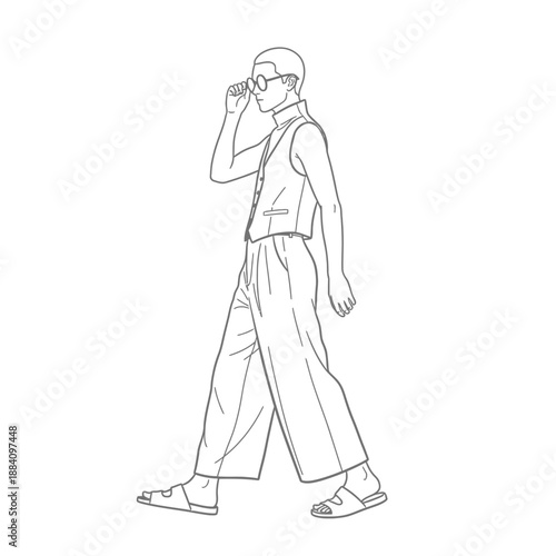 Stylish Person Walking with Sunglasses and Trendy Outfit.