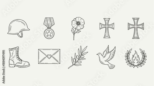 Collection of military and peace symbols in a hand-drawn line art style