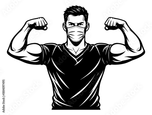 Black and white line art illustration of a muscular man depicting flexing biceps while wearing a face mask for health and fitness