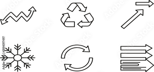 Environmental sustainability and business growth line icons set including recycling symbol, snowflake, zigzag arrow, process loop, and multi directional arrows.