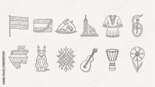 Collection of hand-drawn cultural symbols and landmarks from various countries and regions