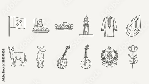Collection of Pakistani cultural symbols and landmarks in a minimalist line art style