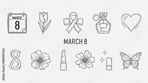 International Women's Day icons collection with calendar, flowers, perfume, and butterfly