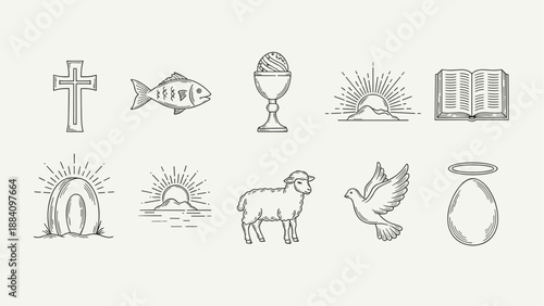 Collection of Christian symbols and Easter icons in a minimalist line art style