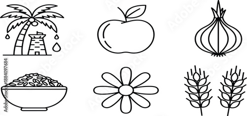Organic agriculture and healthy food line icons set including apple, onion, wheat ears, flower, rice bowl, and coconut palm tree.