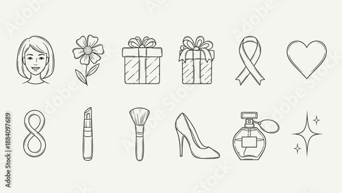 Collection of hand-drawn icons representing women's day and beauty essentials